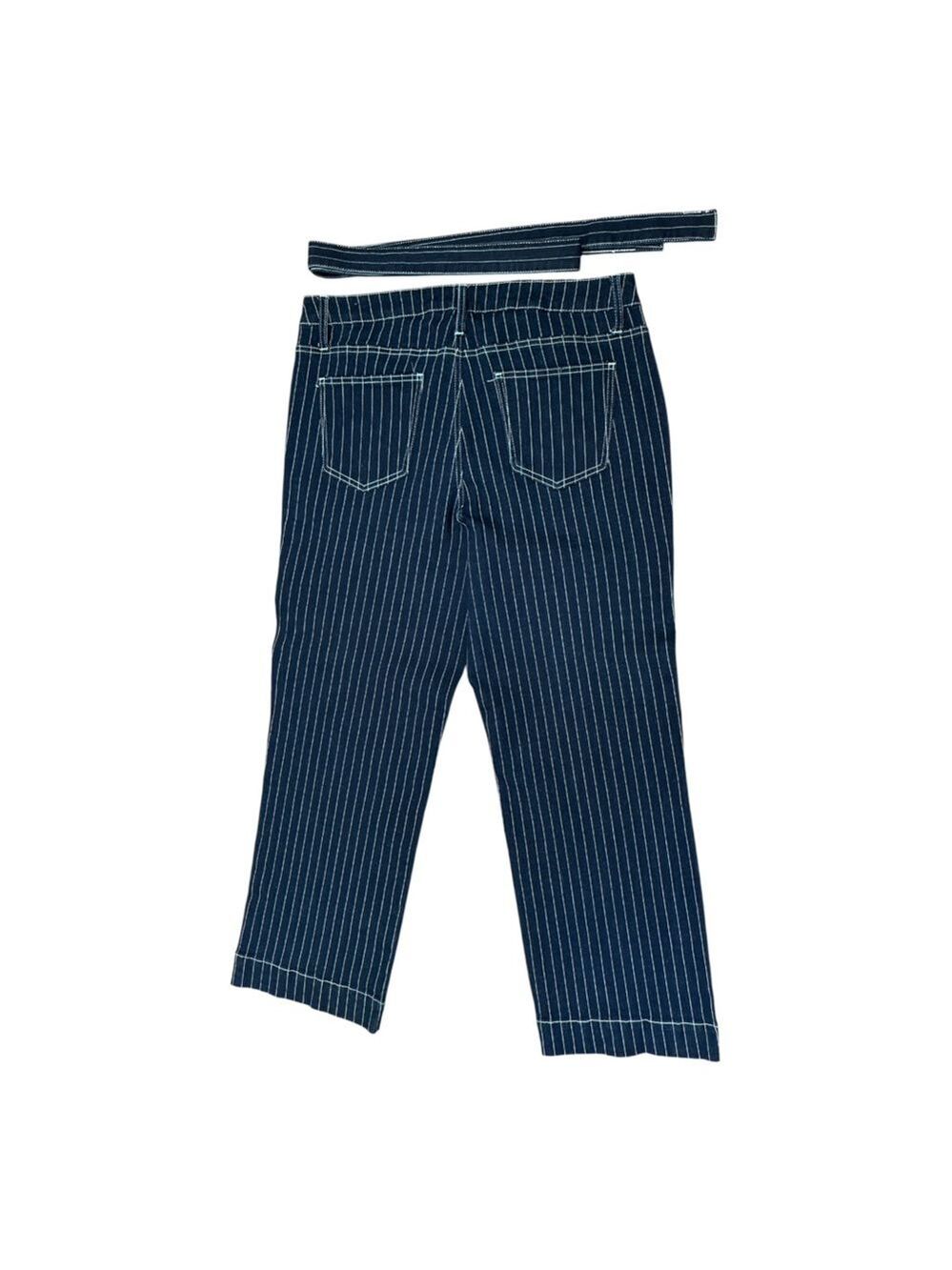 90s HYDRAULIC COTTON NAVY DENIM W WHITE PIN STRIPE & SASH WIDE LEG PANT SZ 16 - Picture 2 of 3